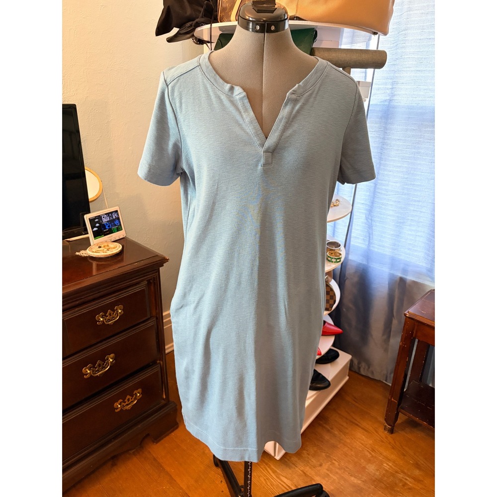 L.L.Bean T-Shirt Dress Medium Light Blue Cotton Split Neck Short Sleeve Pockets